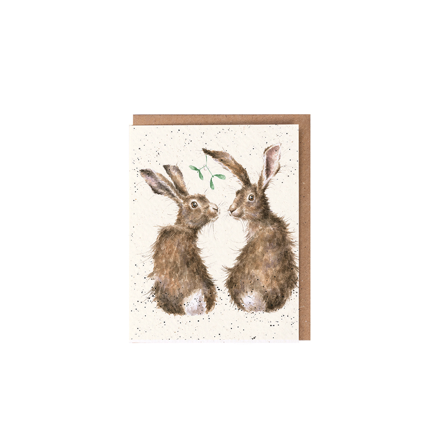 Wrendale Mini-Weihnachtskarte mit Umschlag, Motiv zwei Hasen unter Mistelzweig "All I Want For Chrsitmas"