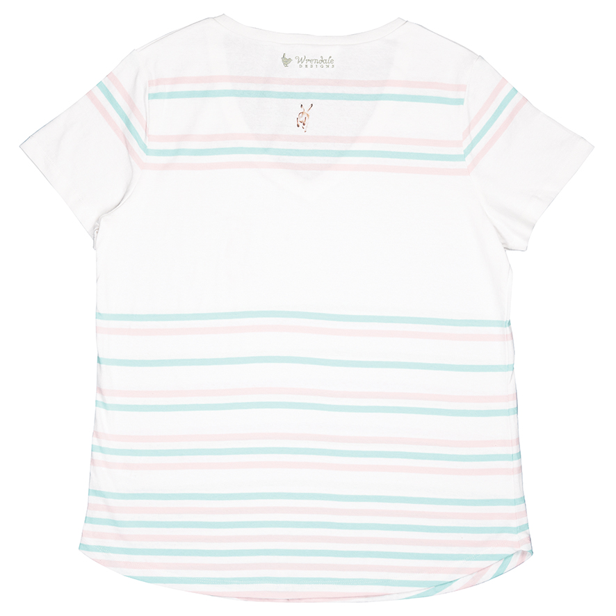 Wrendale T-Shirt, weiß mit Streifen in mint und rosa, Motiv Hase macht Männchen, verschiedene Größen Medium