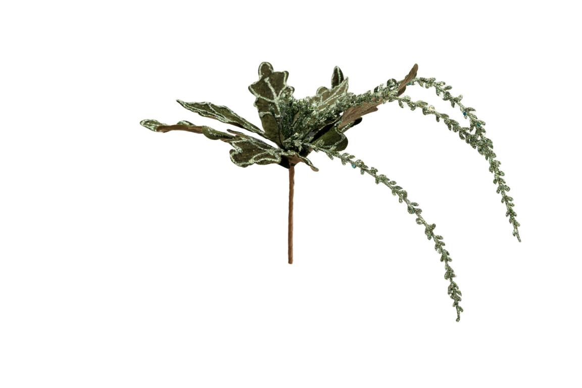 Colmore Blüte mit Glitzer, künstlich, grün, mit 3 längeren Zweigen, 28x20x20cm