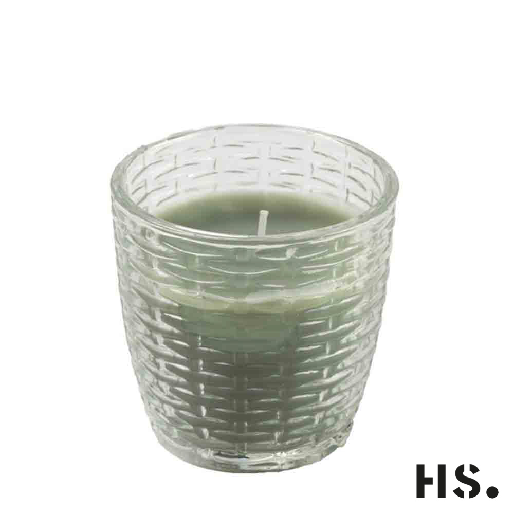 Kerze graugrün im Glas mit Musterung Brenndauer ca 36 Stunden, 9x9cm