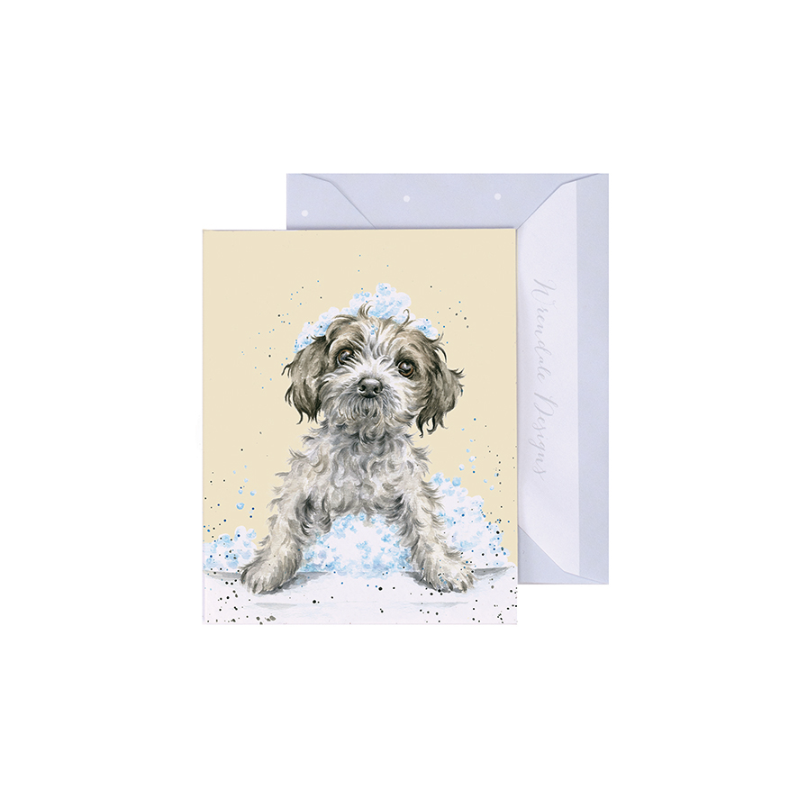Wrendale Mini-Karte mit Umschlag, Motiv Hund im Schaumbad, Birthday Bubbles