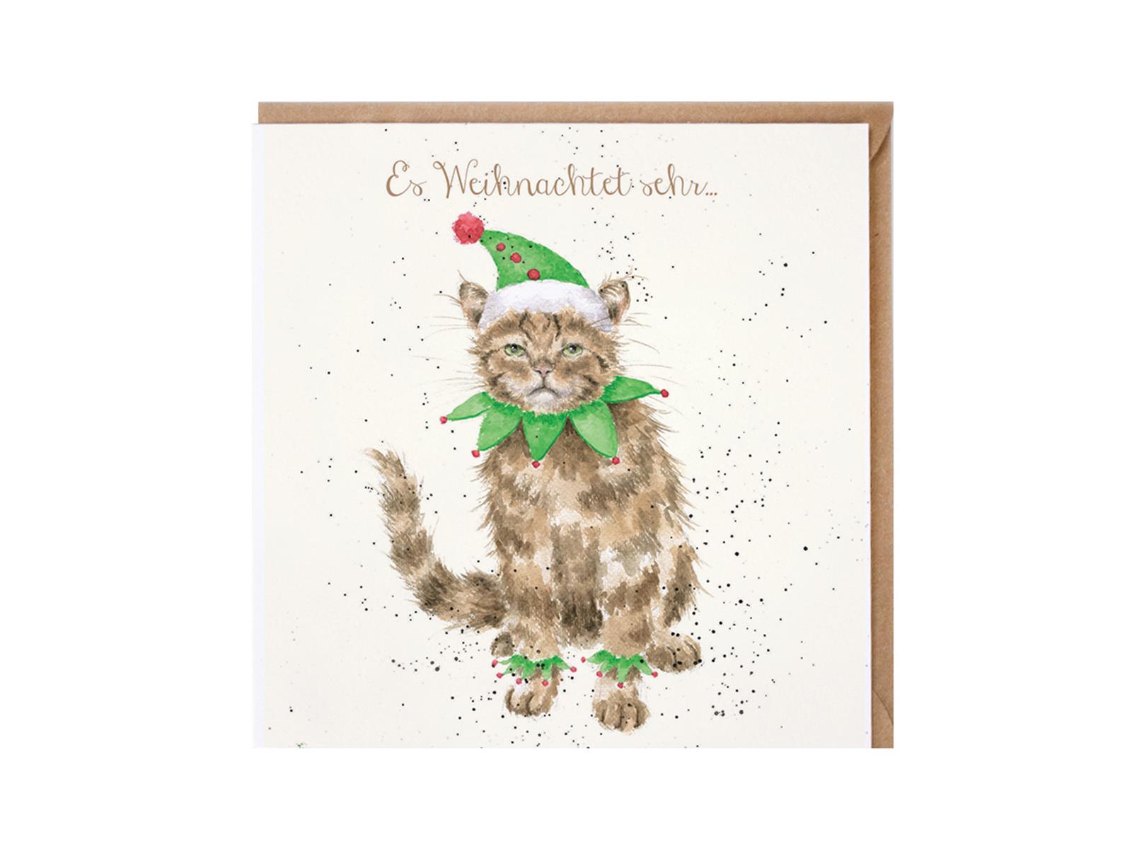 Wrendale Doppelkarte Weihnachten mit Umschlag, Es Weihnachtet sehr..., Motiv Katze im Elfkostüm,15x15 cm