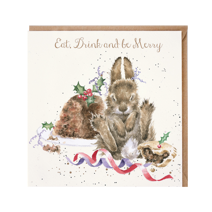 Wrendale Doppelkarte Weihnachten mit Umschlag, Frohe Weihnachten, Motiv sattes Häschen " Eat, Drink an be Merry"