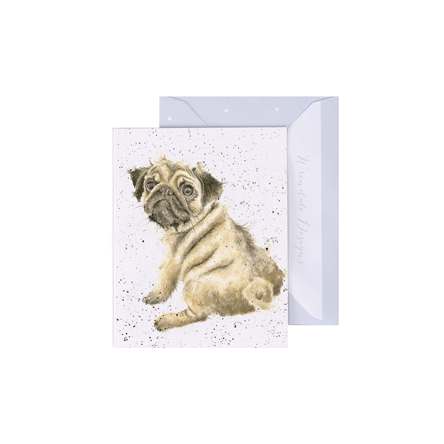 Wrendale Mini-Karte mit Umschlag, Motiv Mops schaut über Schulter, Pug Love