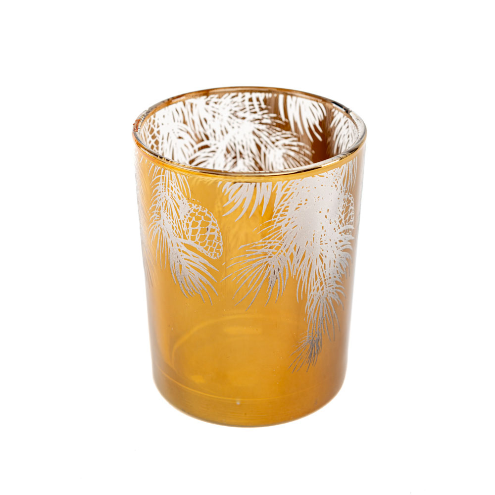 Teelichtglas gold mit weißen Tannenzweigen klein, 10x10x12,5 cm