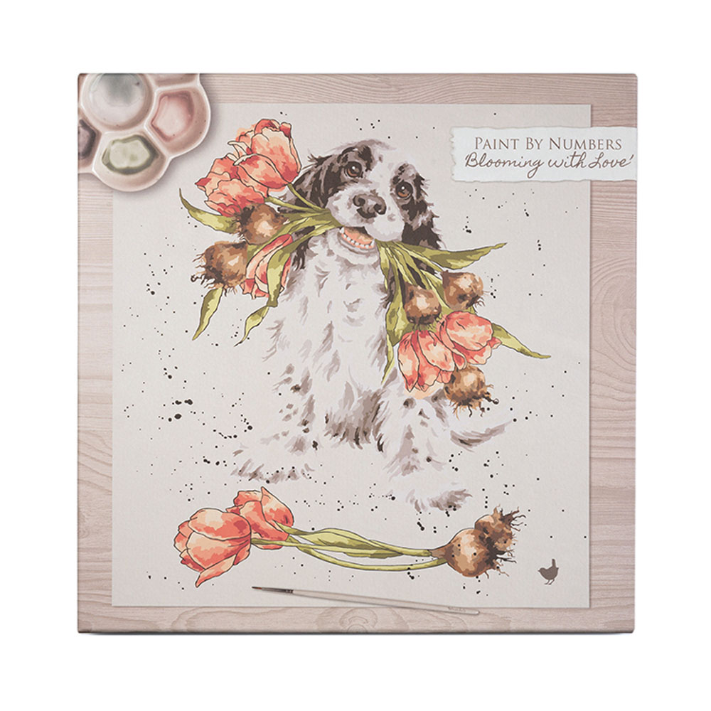 Wrendale Malen-nach-Zahlen Kit, 40x40cm, verschiedene Motive Hund mit Blumen "Blooming with Love"