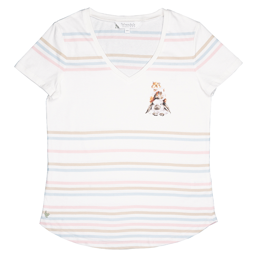 Wrendale T-Shirt, weiß mit Streifen in mint und rosa, Motiv Hase/Meerschweinchen/Hamster, Small