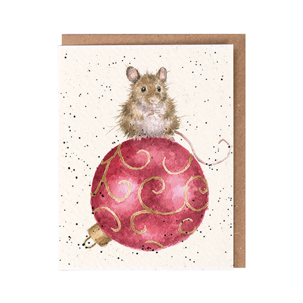 Wrendale Mini-Weihnachtskarte mit Umschlag, Motiv Maus auf Christbaumkugel "Christmouse"
