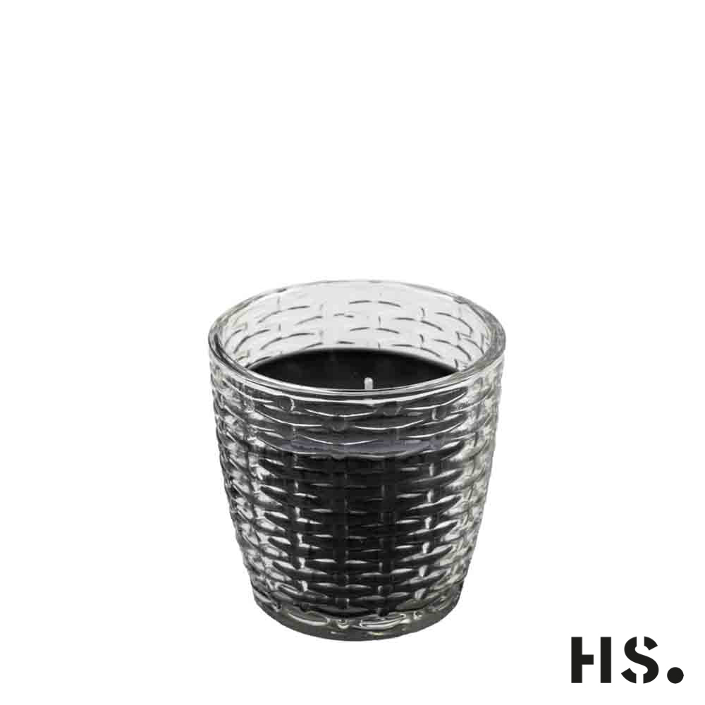 Kerze schwarz im Glas mit Musterung, Brenndauer ca 18 Stunden, 7x7cm