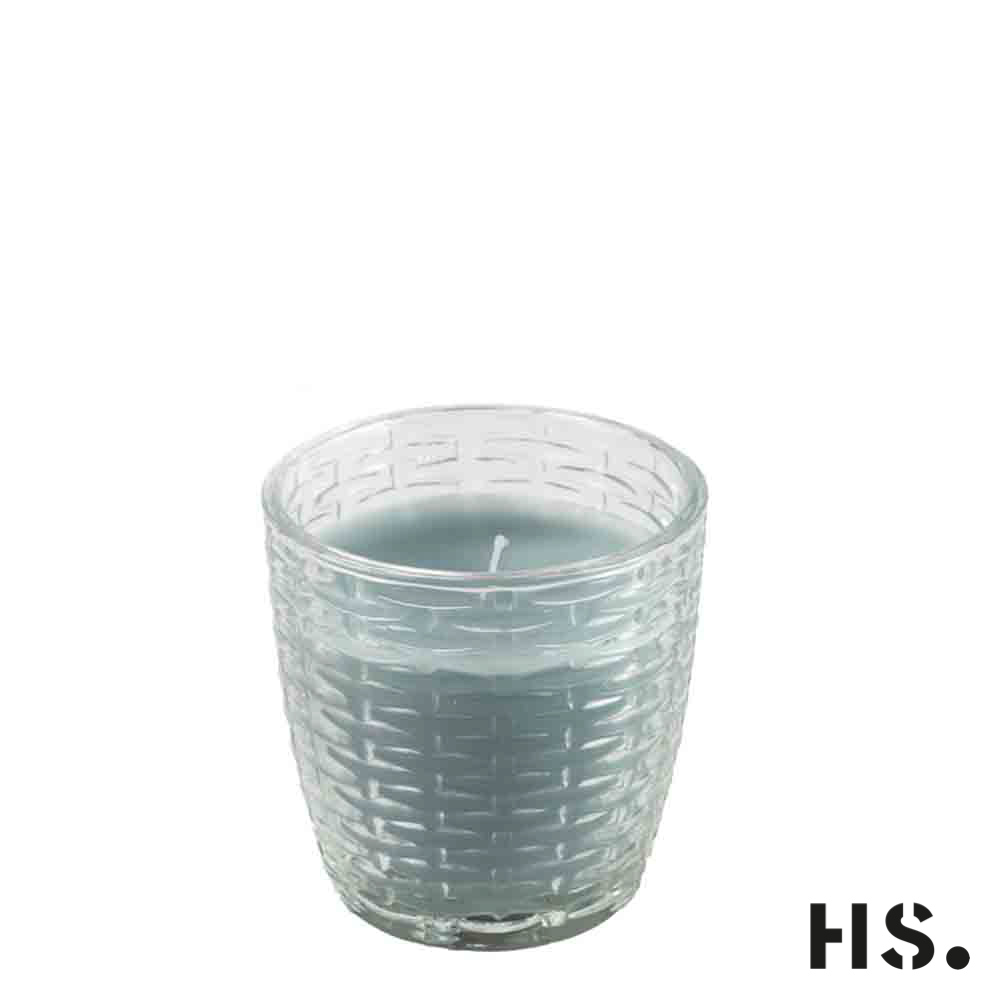 Kerze hellblau im Glas mit Musterung Brenndauer ca 18 Stunden, 7x7cm