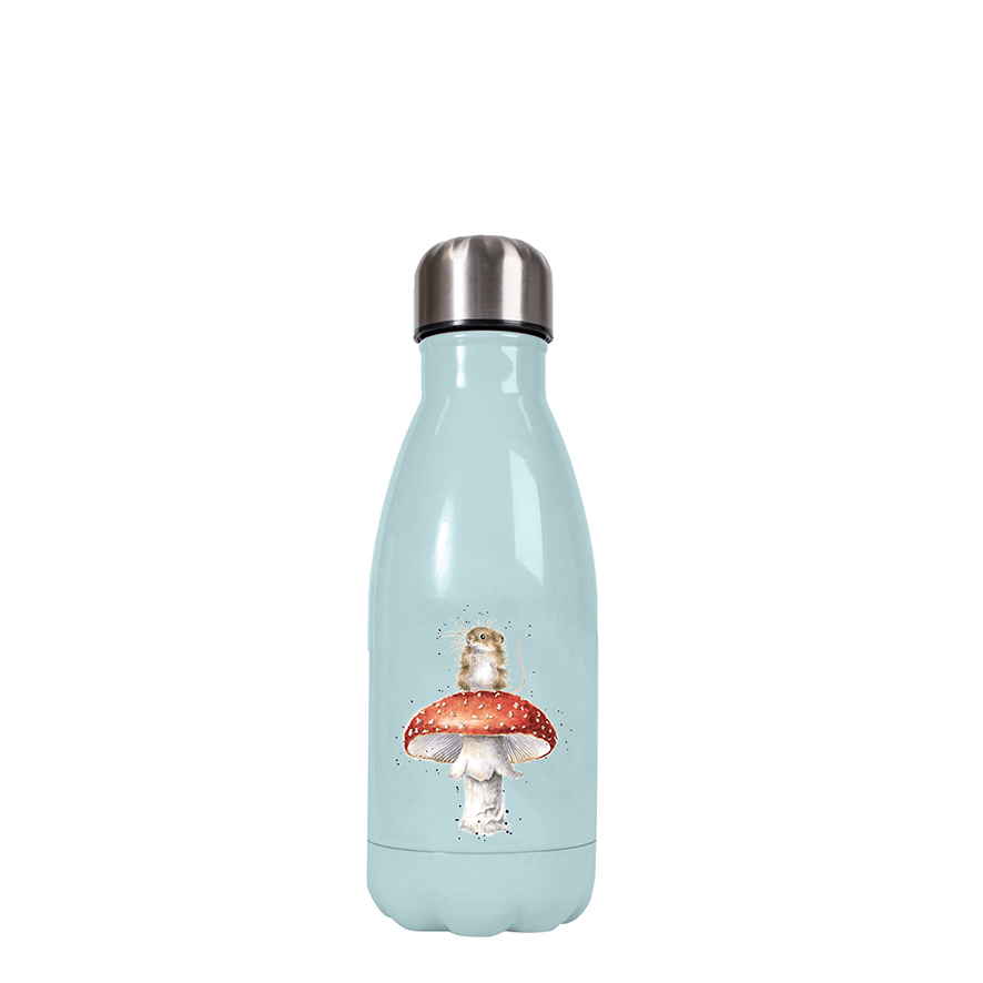 Wrendale kleine Trinkflasche in Geschenkverpackung, Motiv Maus sitzt auf Fliegenpilz, hellblau, 260ml