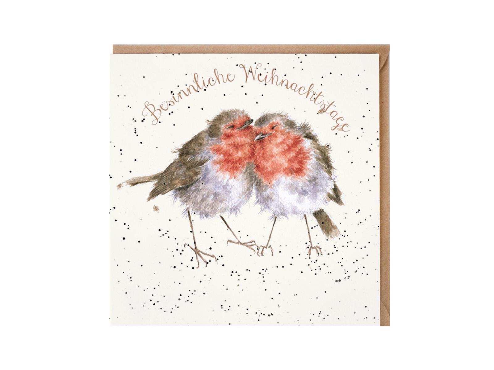 Wrendale Doppelkarte Weihnachten mit Umschlag, Besinnliche Weihnachtstage. Motiv Rotkehlchenpaar kuschelt "BIrds of a Feather"