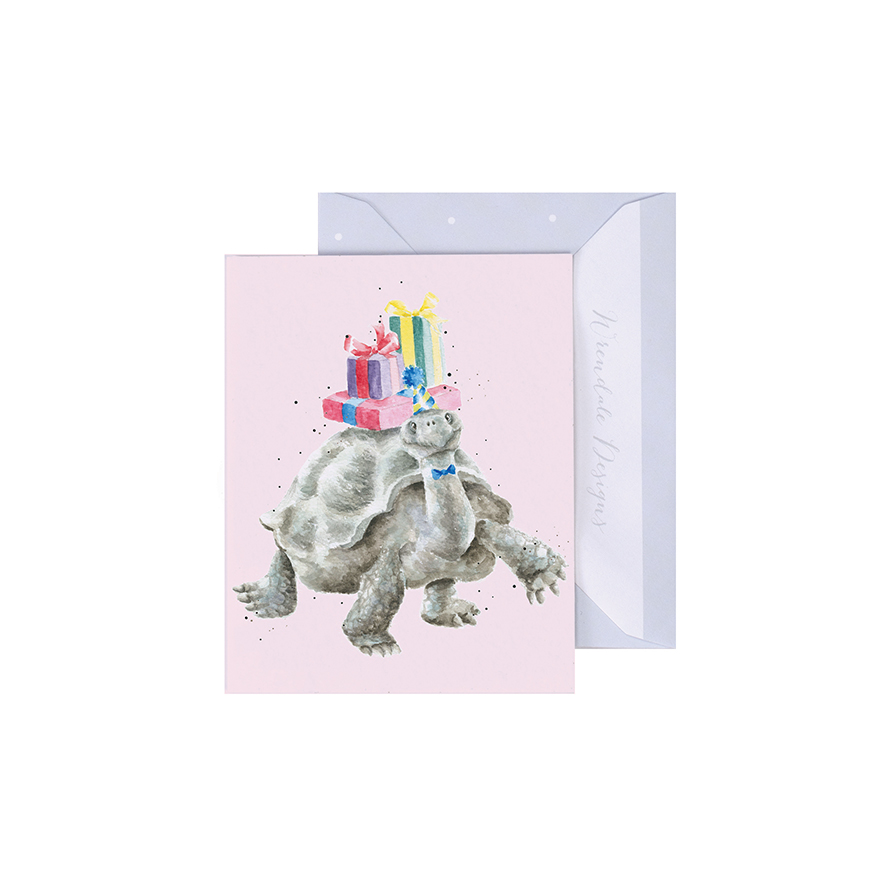 Wrendale Mini-Karte mit Umschlag, Motiv Schildkröte mit Geschenken auf Rücken, Let`s Shellebrate
