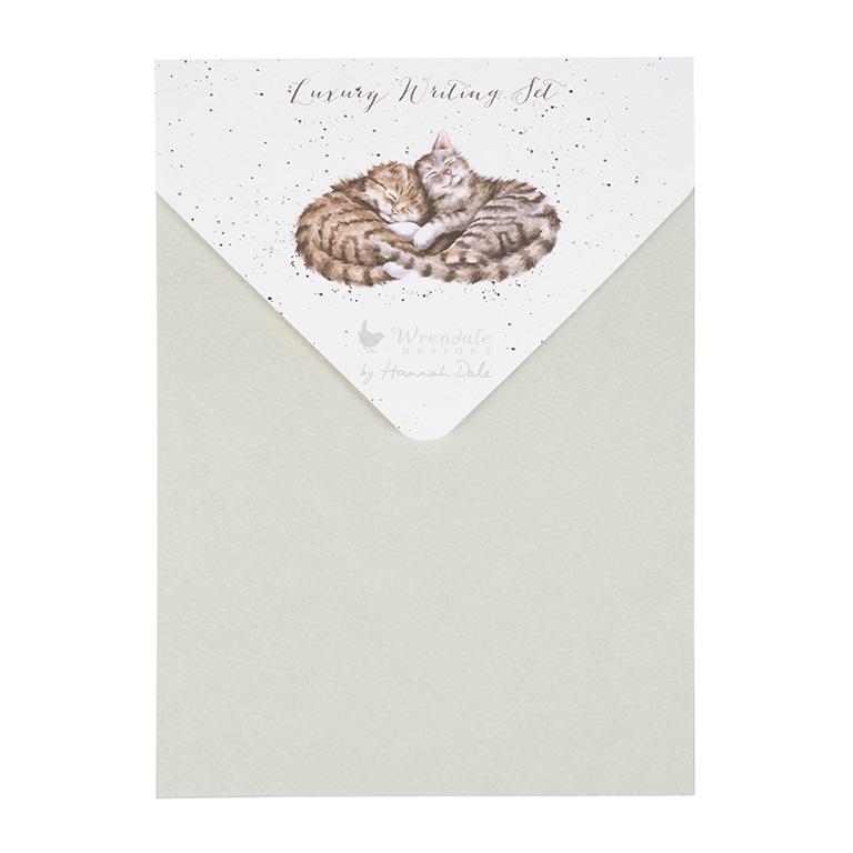 Wrendale Briefpapier Set in illustrierter Brieftasche, 20 Blatt Schreibpapier, 10 Umschläge Motiv zwei kuschelnde Katzen, 14,8x21cm