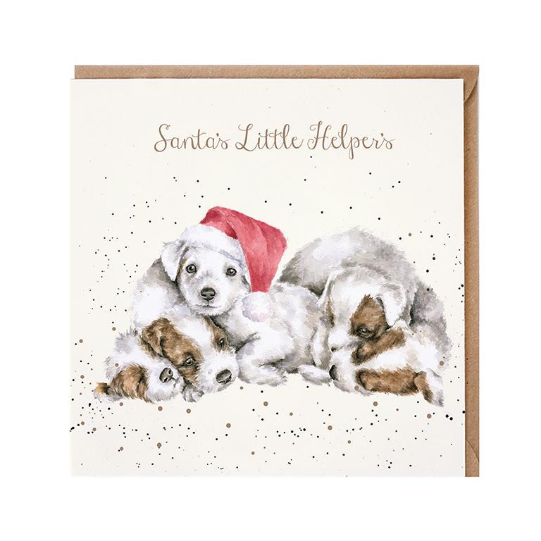 Wrendale Doppelkarte Weihnachten mit Umschlag, "Santas Little Helpers",  Motiv Hundewelpen, 15x15cm