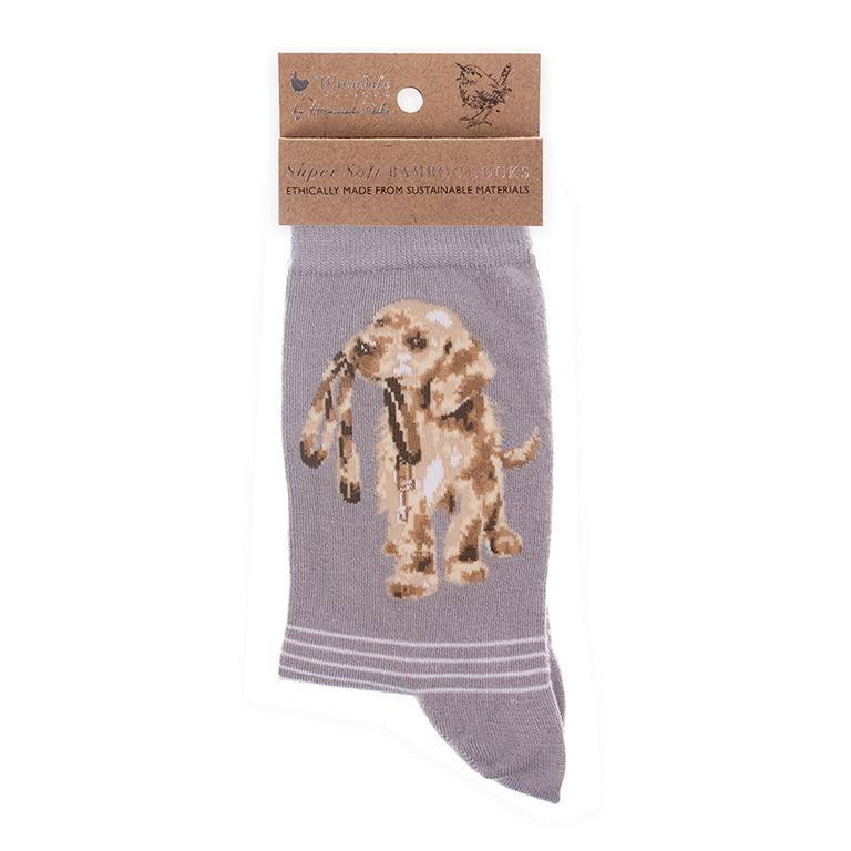 Wrendale Socken "Hopeful", Motiv Hund mit Leine im Maul, grau mit weißen Streifen, aus Super Soft Bambus, Einheitsgröße, mit Geschenktasche