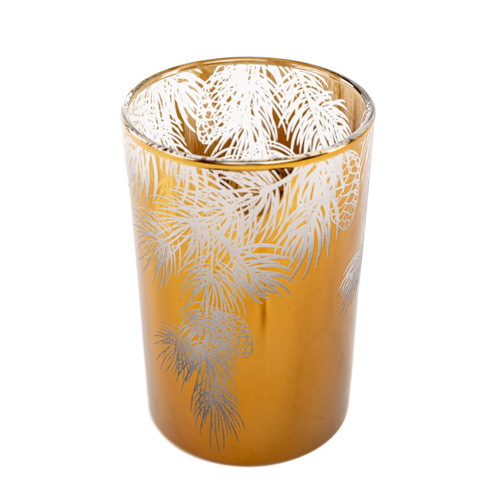 Teelichtglas gold mit weißen Tannenzweigen mittel, 12x12x17,5 cm