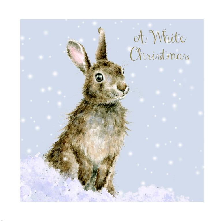 Wrendale Weihnachtskarten Set " White Christmas", Hase sitzt aufrecht im Schnee, 8 Karten mit Umschlag und Text, 12x12 cm