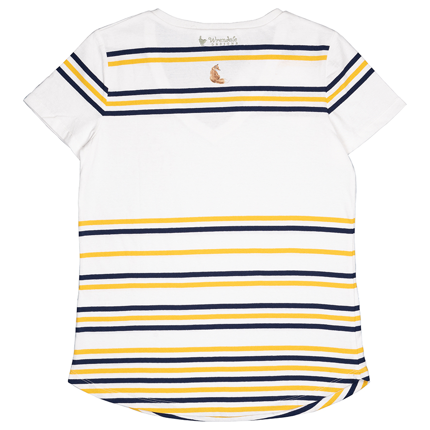 Wrendale T-shirt, wit met strepen in geel en donkerblauw, vossenwelpmotief, verschillende maten Extra Large Wrendale T-shirt, wit met strepen in geel en donkerblauw, vossenwelpmotief, verschillende maten Extra Large