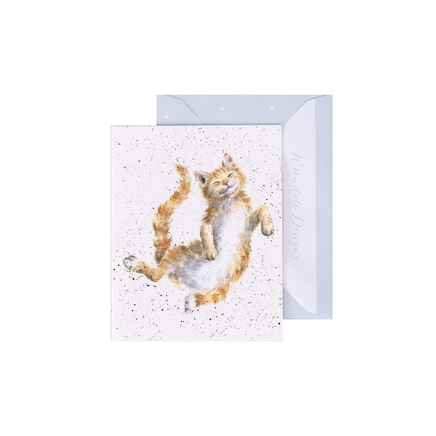 Wrendale Mini-Karte mit Umschlag, Motiv Katze liegt auf Rücken und schläf, The Catnap