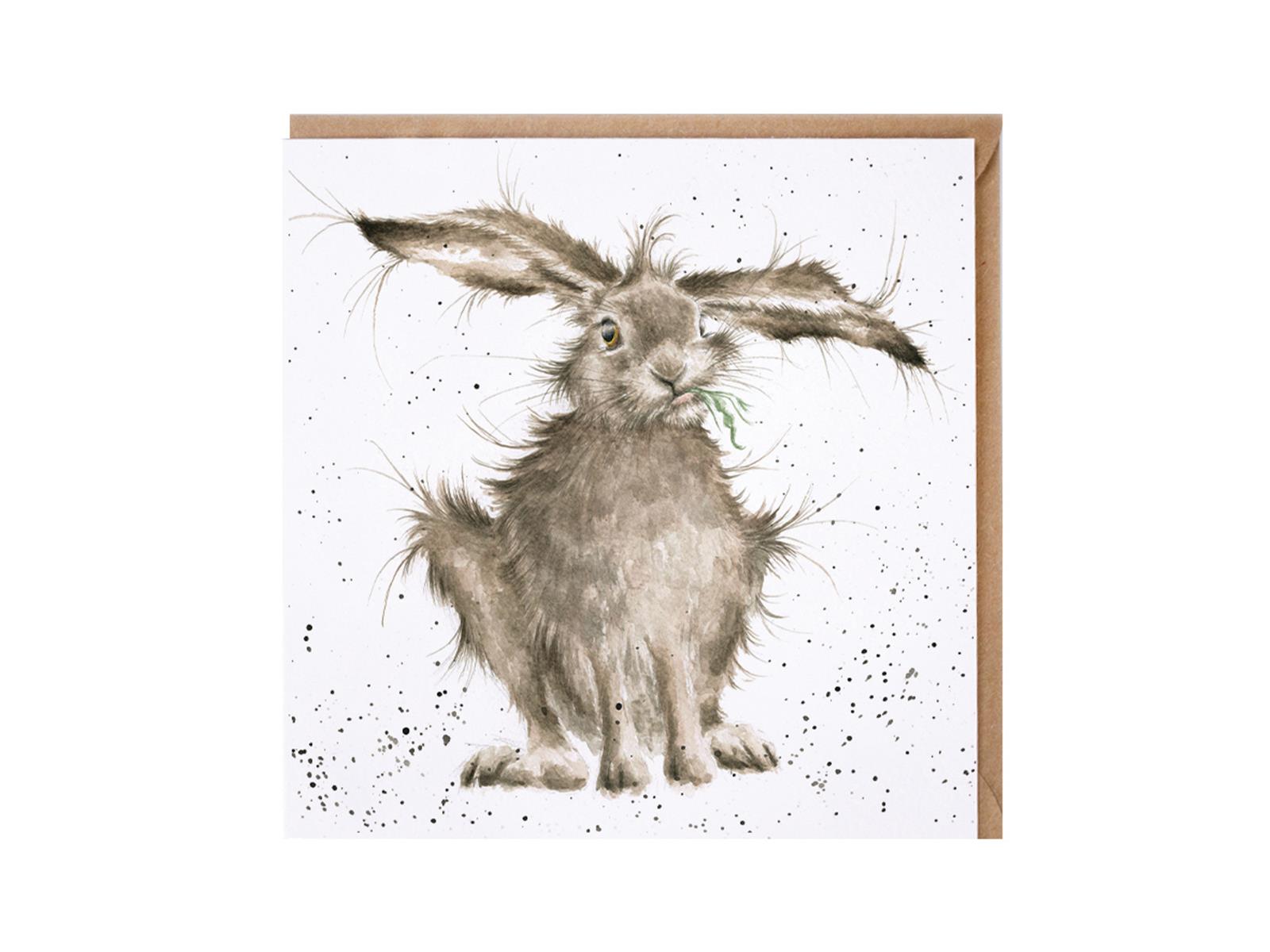 Wrendale Doppelkarte Hare Brained mit Umschlag, Motiv Hase isst Gras , Quadratisch, 15x15 cm
