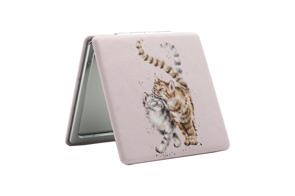 Wrendale Taschenspiegel zum klappen in Geschenkschachtel, Motiv Katzenpaar schmust, rosa,7x7cm