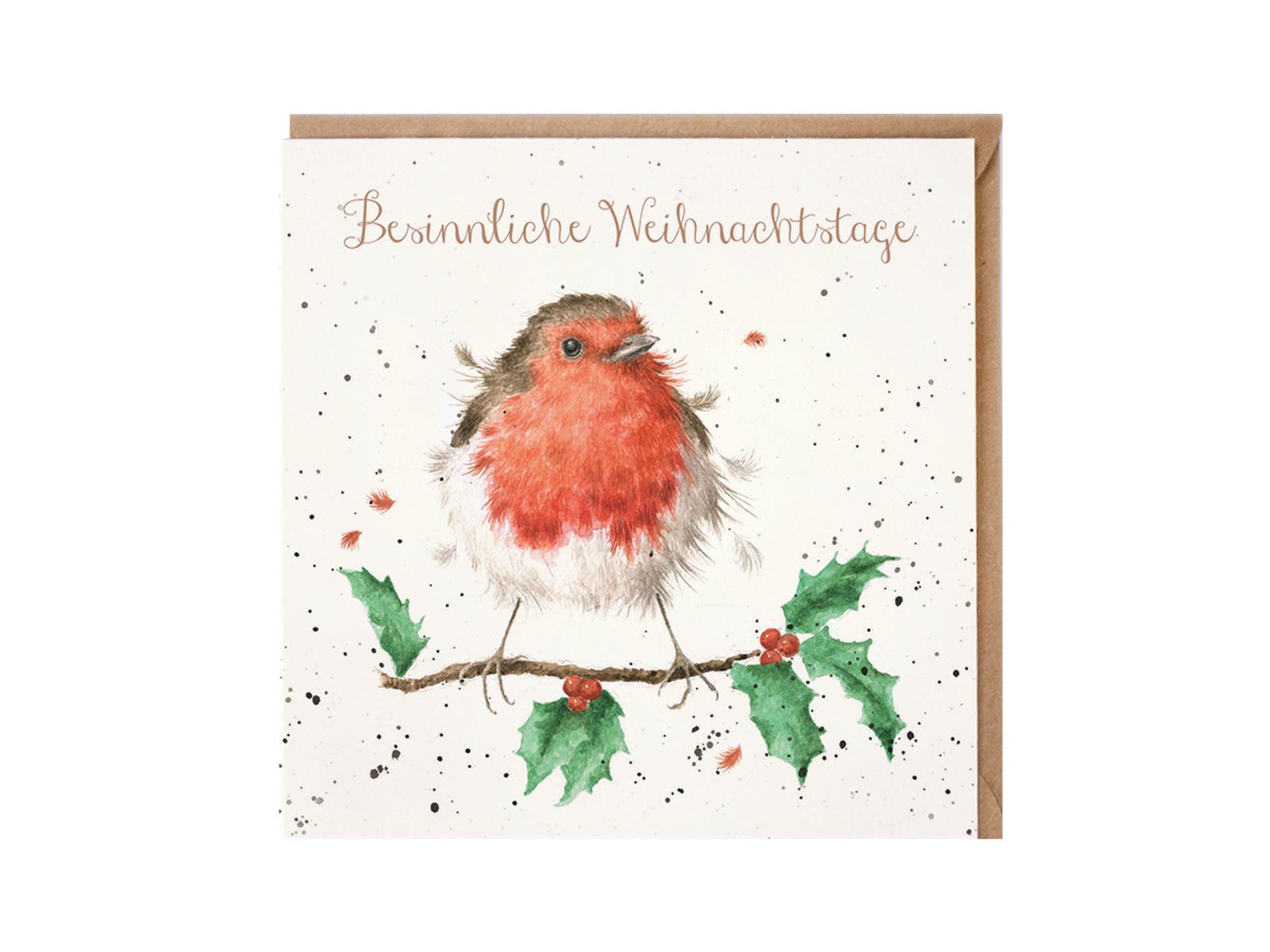 Wrendale Doppelkarte Weihnachten mit Umschlag, Besinnliche Weihnachtstage, Motiv Rotkehlchen auf  Mistelzweig, 15x15 cm