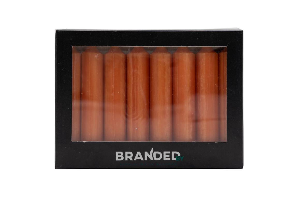 Set van 8, staafkaars klein, bruin/cognac, 12x2,1cm, brandduur 5 uur