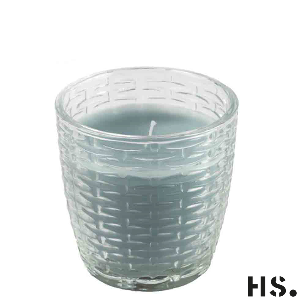 Kerze hellblau im Glas mit Musterung Brenndauer ca 36 Stunden, 9x9cm