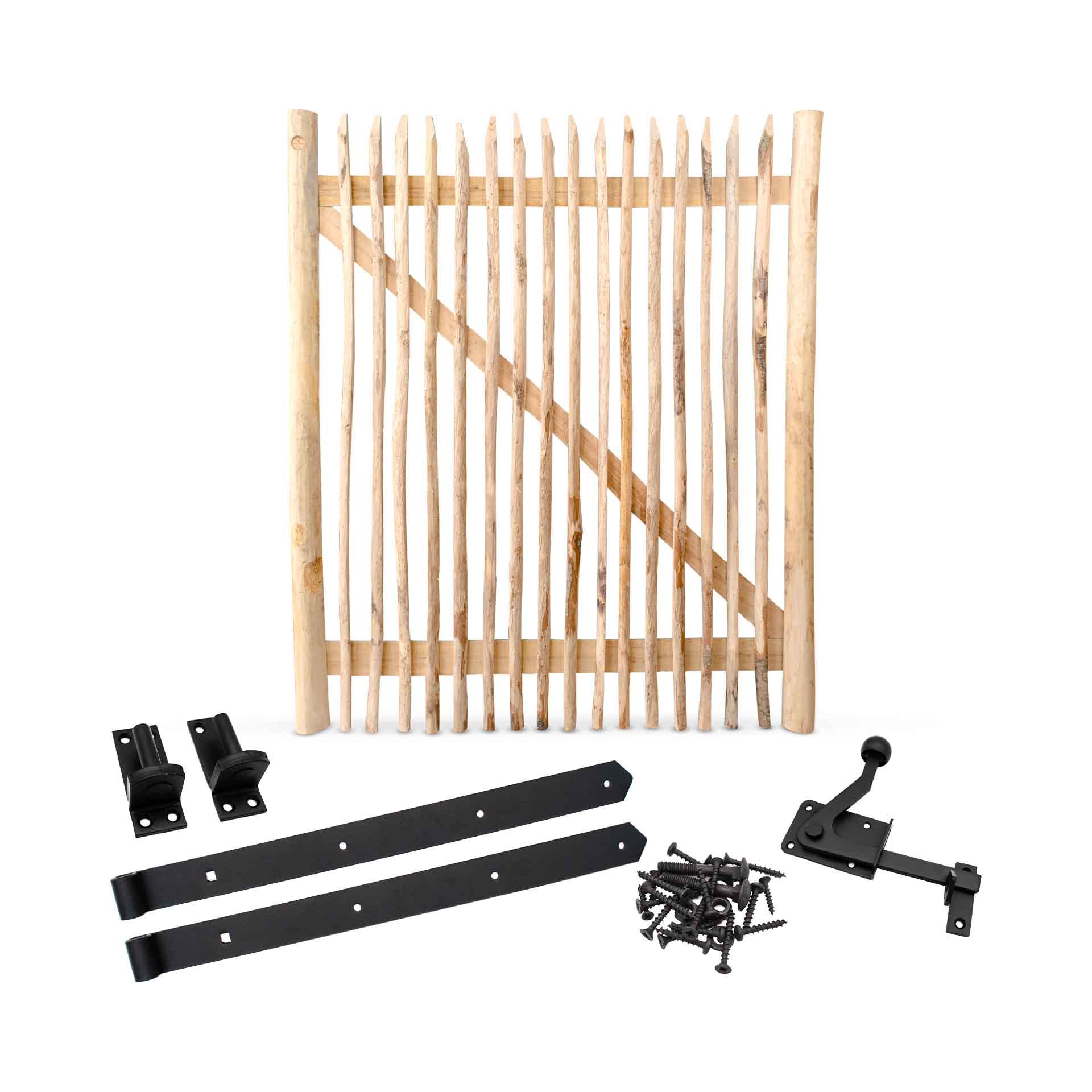 Classic Staketenzaun-Tor Set (schwarz) aus Edelkastanie, Breite 150 cm, Höhe 175 cm (genagelte Ausführung)