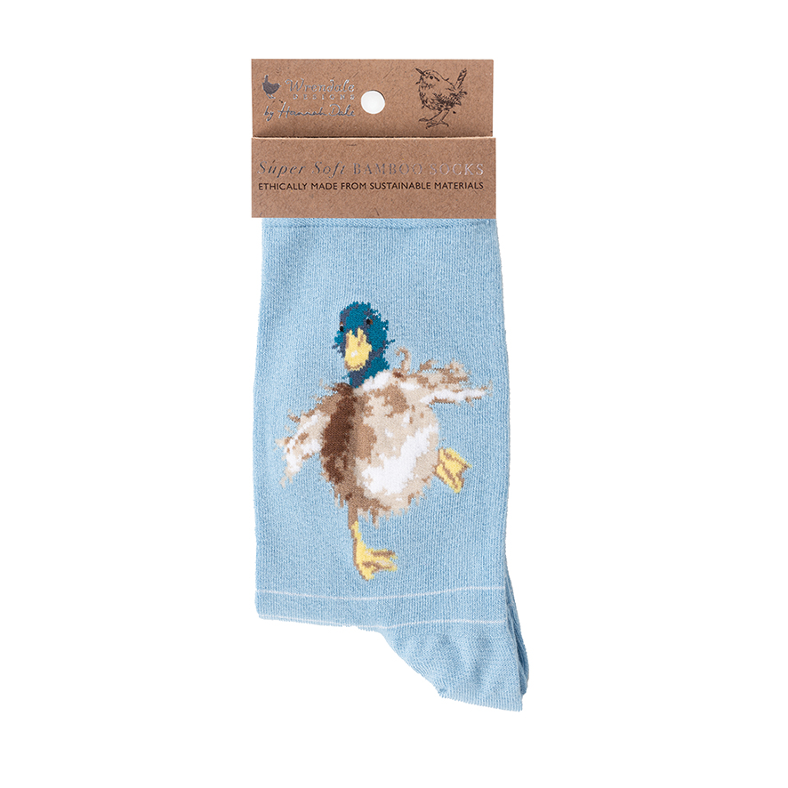 Wrendale Socken "A Waddle and a Quack", Motiv Ente, hellblau mit Streifen