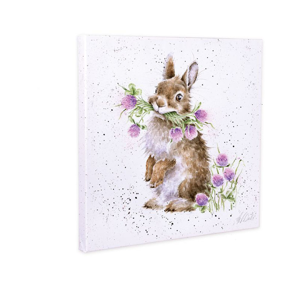 Wrendale Leinwand mittel, Aufdruck Hase mit Blumen im Maul, "Head clover heels", 50x50cm
