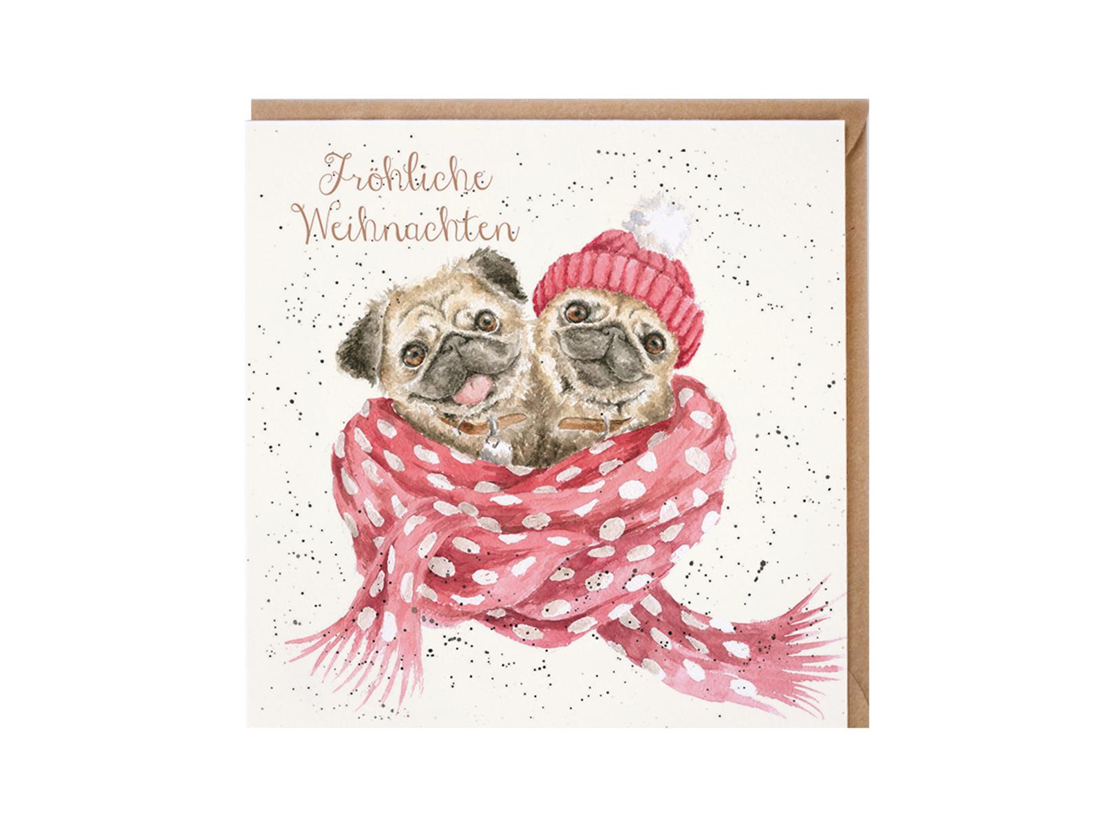 Wrendale dubbele kaart kerst met envelop, Vrolijk kerstfeest, mopsenpaar knuffelend in sjaal,15x15 cm Wrendale dubbele kaart kerst met envelop, Vrolijk kerstfeest, mopsenpaar knuffelend in sjaal,15x15 cm