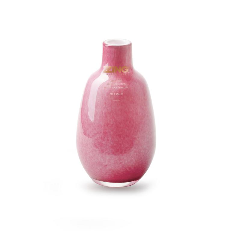 Vase, klein, bauchige Form, kleine Öffnung, Glas, rosa/pink, von Innen weiß, Handgefertigt, 14x8cm