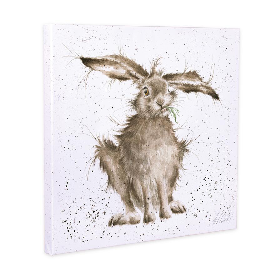 Wrendale Leinwand klein, Aufdruck Hase isst Gras, "Hare-Brained",  20x20 cm