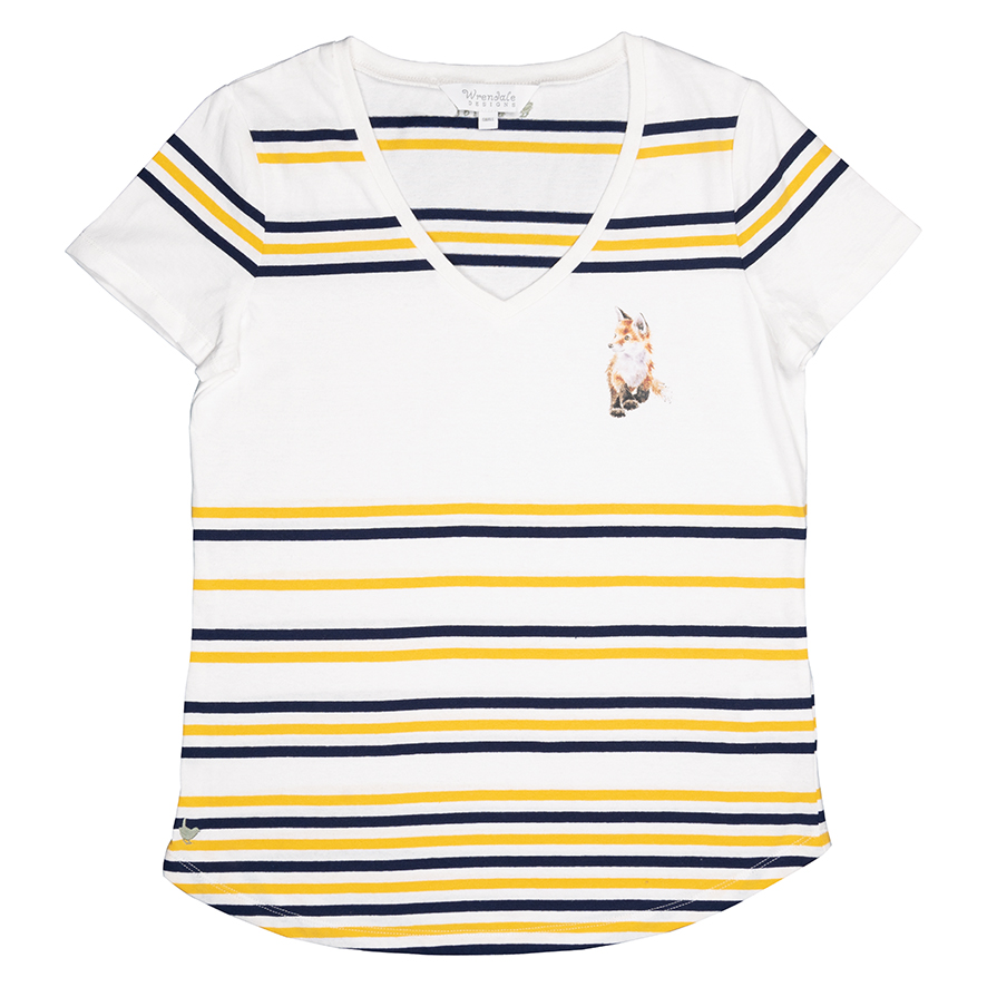 Wrendale T-shirt, wit met strepen in geel en donkerblauw, vossenwelpmotief, verschillende maten Extra Large Wrendale T-shirt, wit met strepen in geel en donkerblauw, vossenwelpmotief, verschillende maten Extra Large