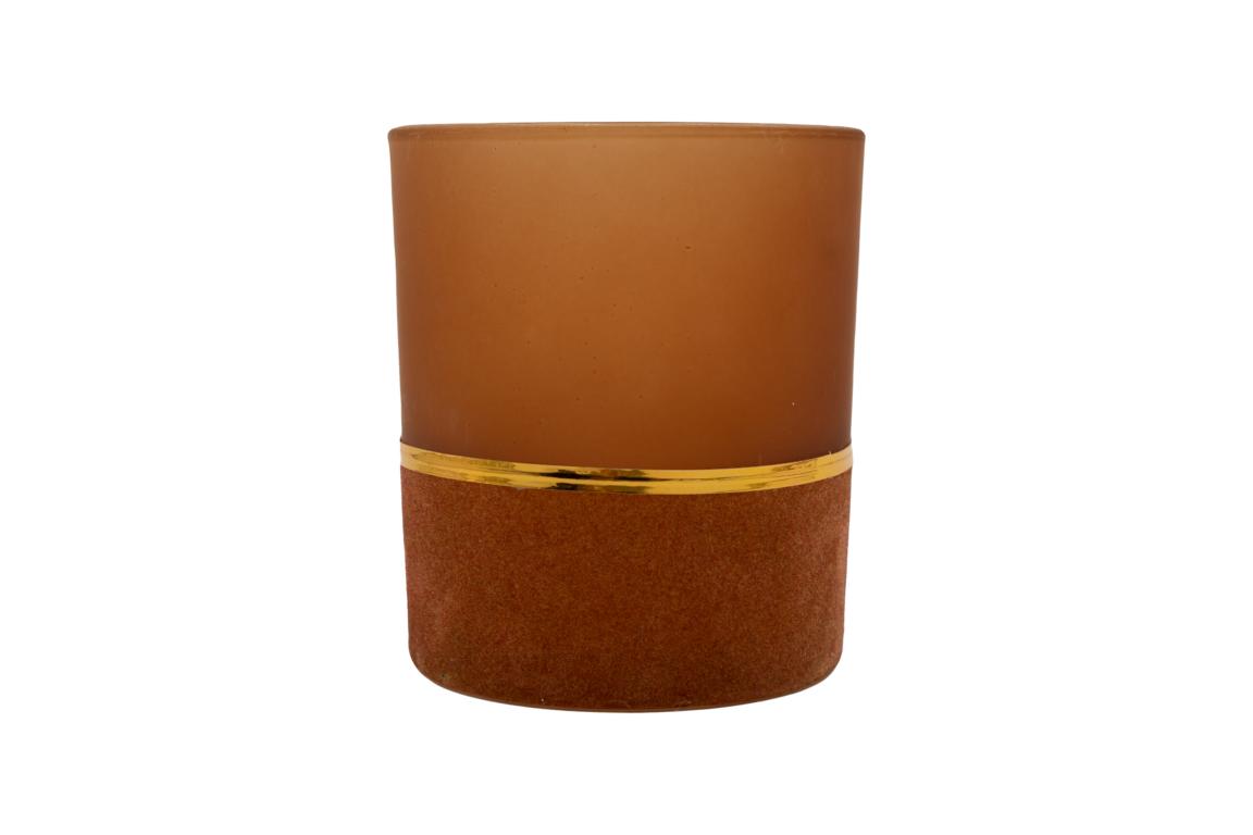 Teelichtglas, Glas, rostorange , Samt im unteren Bereich, mit Goldrand, 8,5x9,5cm
