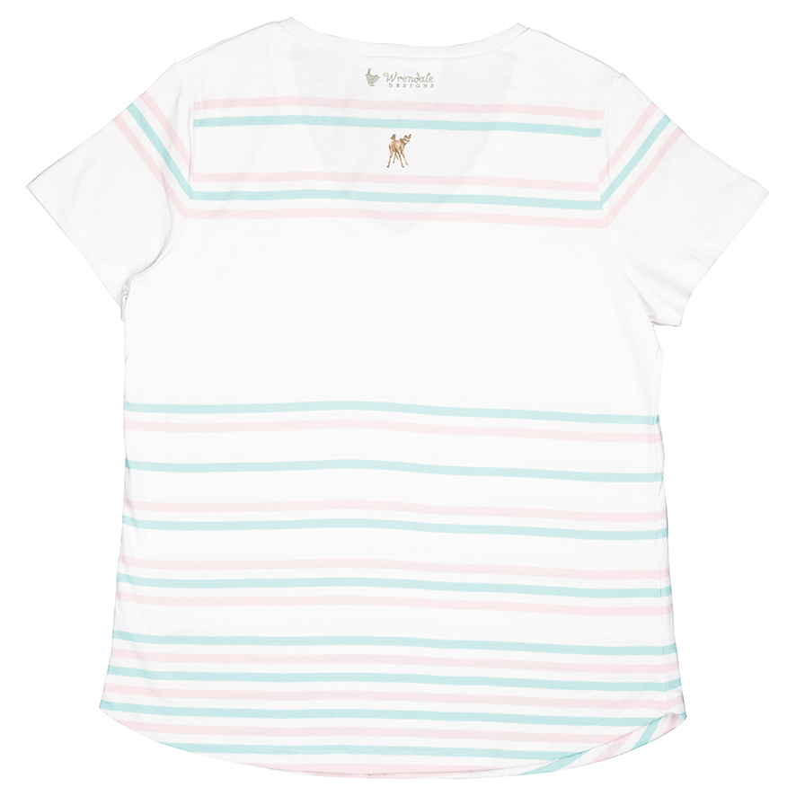 Wrendale T-Shirt, weiß mit Streifen in mint und rosa, Motiv Kälbchen mit Schmetterling, Small