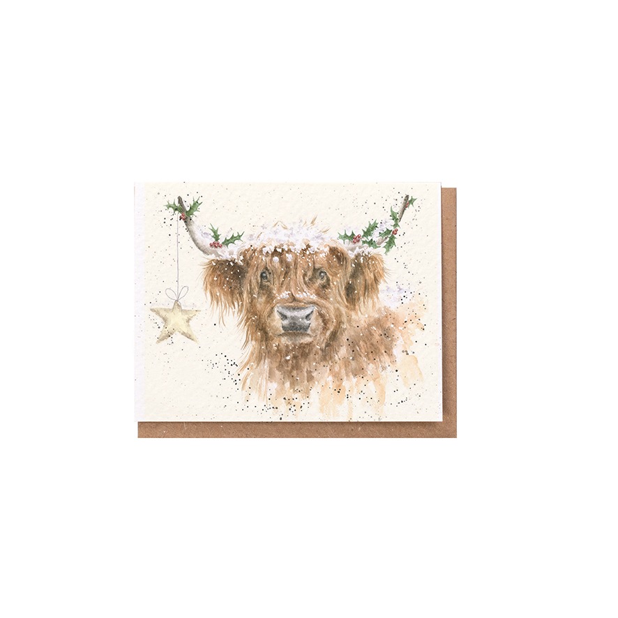 Wrendale Mini-Weihnachtskarte mit Umschlag, Motiv Hochlandrind mit Stern "Highland Star"