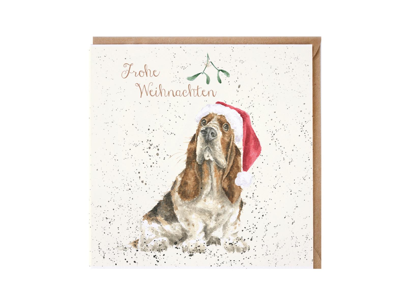 Wrendale Doppelkarte Weihnachten mit Umschlag, Frohe Weihnachten, Motiv Hund mit Weihnachtsmütze, 15x15 cm