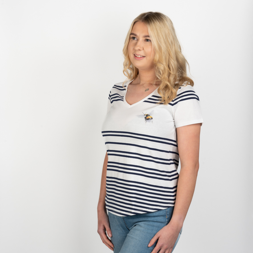 T-shirt Wrendale, wit met strepen in donkerblauw, hommelmotief, Large T-shirt Wrendale, wit met strepen in donkerblauw, hommelmotief, Large