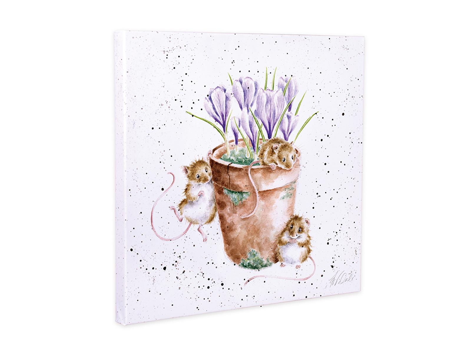 Wrendale Leinwand klein, Aufdruck Mäuse im Blumentopf, "Garden Friends", 20x20cm