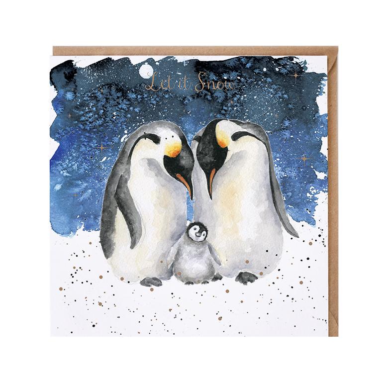 Wrendale Doppelkarte Weihnachten mit Umschlag, "Let it snow",  Motiv Pinguinfamilie, 15x15cm