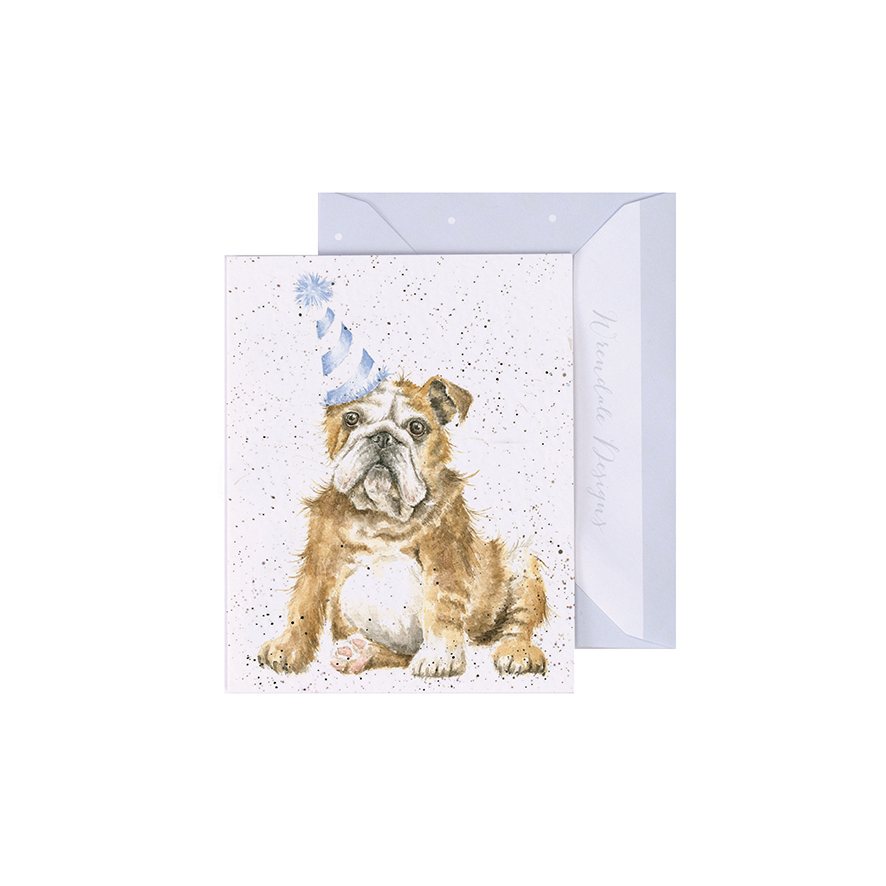 Wrendale Mini-Karte mit Umschlag, Motiv Englische Bulldogge mit Partyhut, Smile