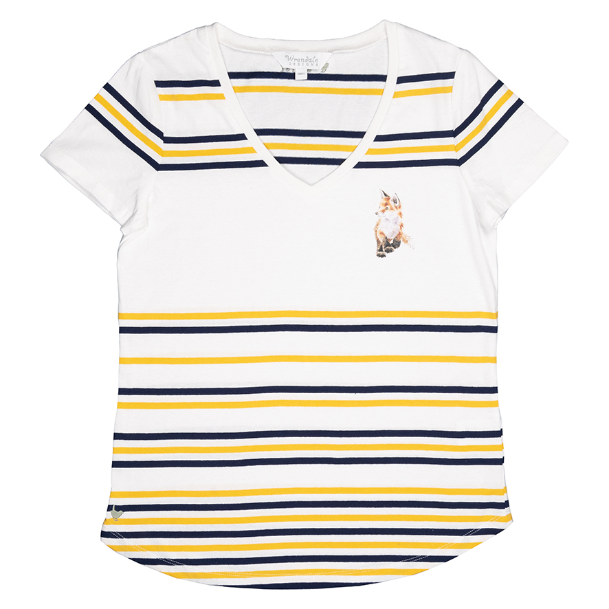 Wrendale T-Shirt, weiß mit Streifen in gelb und dunkelblau, Motiv Fuchswelpe, verschiedene Größen Large