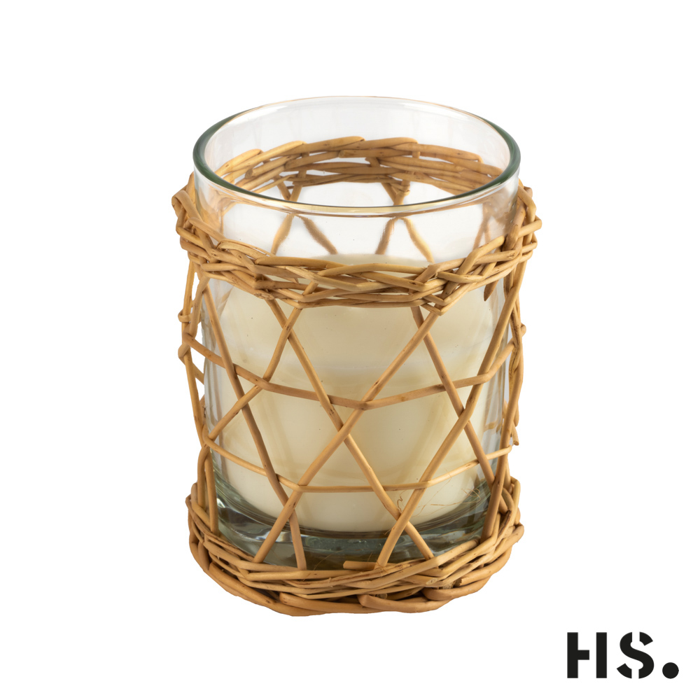 Kerze im Glas weiß, mit Korbgeflecht, Brenndauer ca 48 Stunden, 12,5x10cm