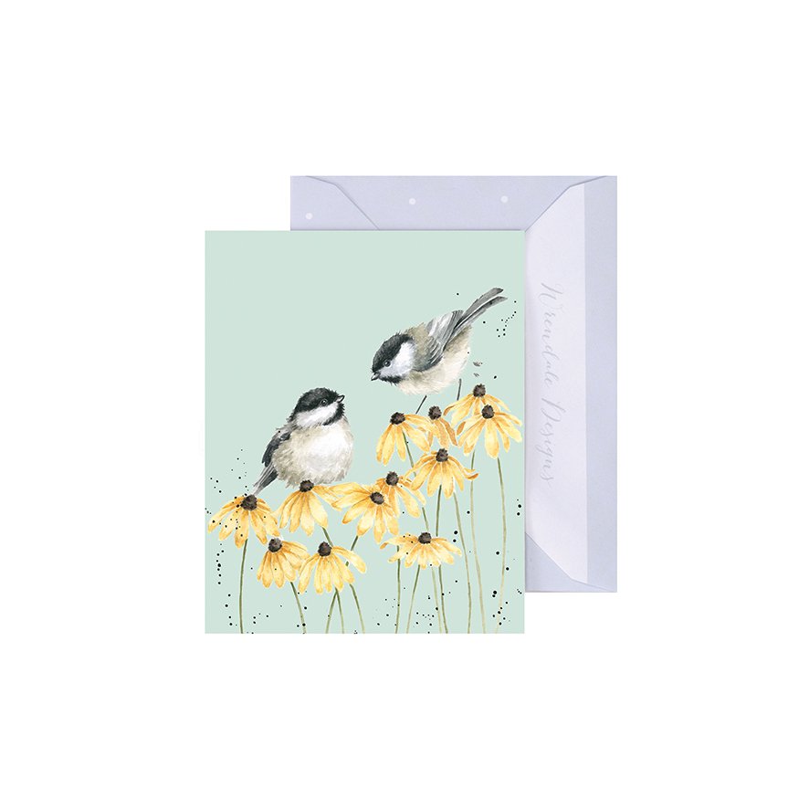 Wrendale Mini-Karte mit Umschlag, Motiv Meisen auf Blumen, Chickadees