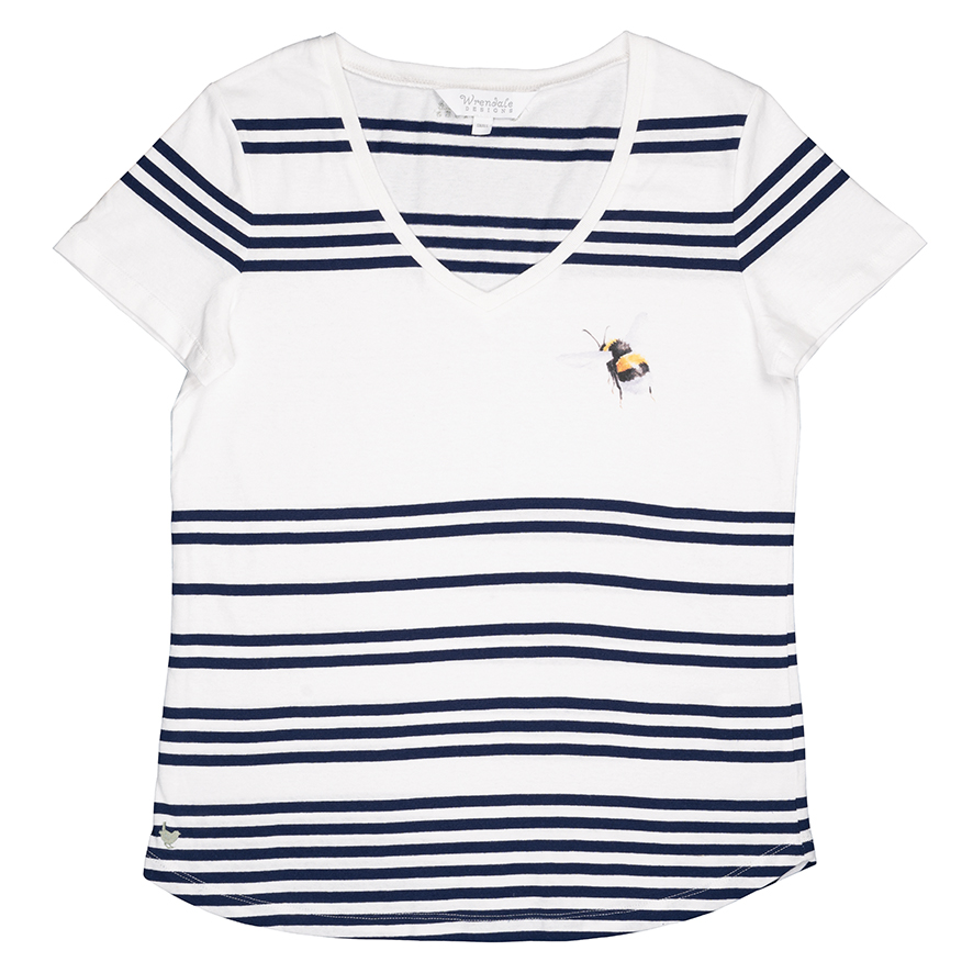 T-shirt Wrendale, wit met strepen in donkerblauw, hommelmotief, Large T-shirt Wrendale, wit met strepen in donkerblauw, hommelmotief, Large
