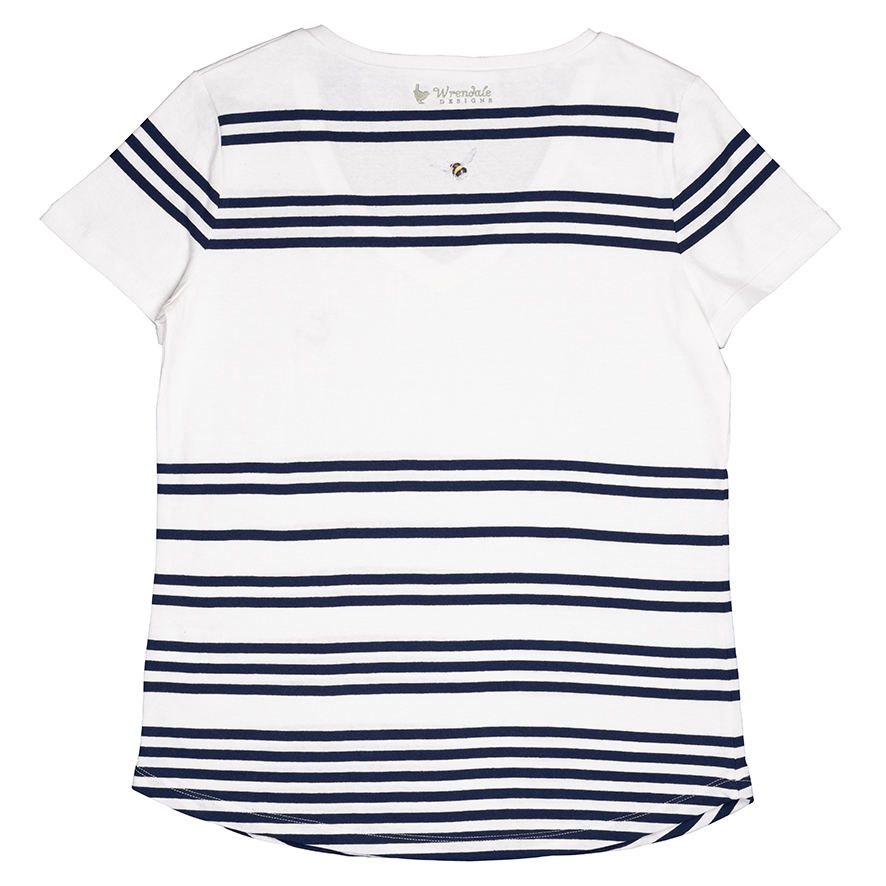T-shirt Wrendale, wit met strepen in donkerblauw, hommelmotief, Large T-shirt Wrendale, wit met strepen in donkerblauw, hommelmotief, Large
