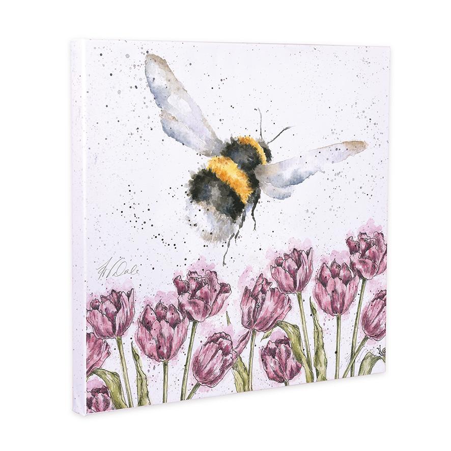 Wrendale Leinwand klein, Aufdruck Hummel & Blumen, "Flug der Hummel",  20x20 cm